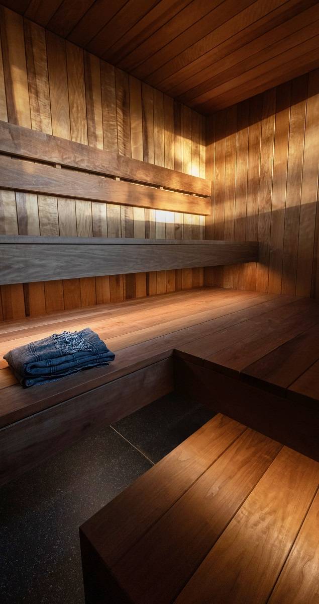 Sauna je osvětlena jak z okna, tak nepřímo na lavicích pomocí LED pásků